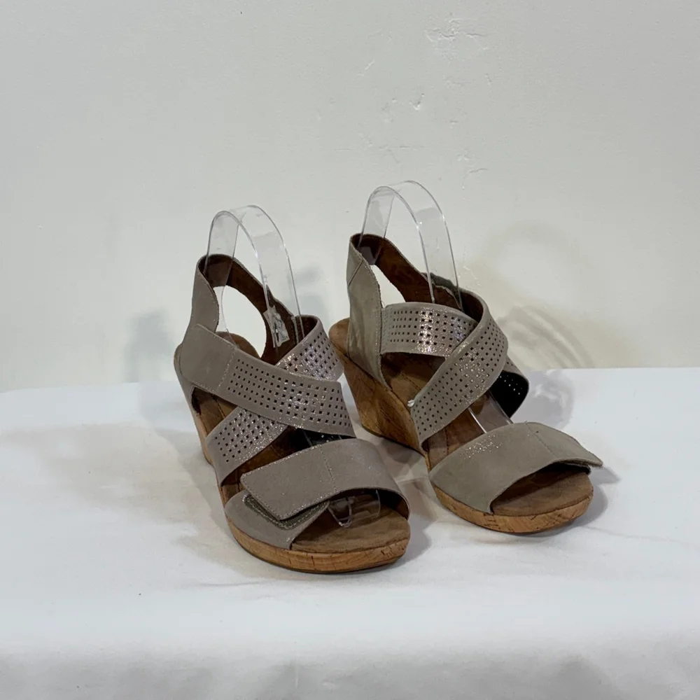 Rockport Cork Wedge Sandals Women’s Size 8 Crisscross Strappy Taupe Brown Gray